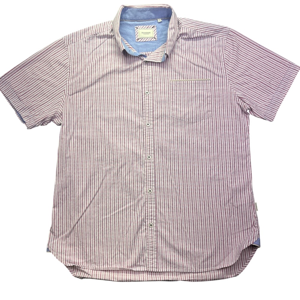 7‎ Diamonds Striped Shirt Short Sleeve Button Up Casual Modern Fit Sz L Boho
